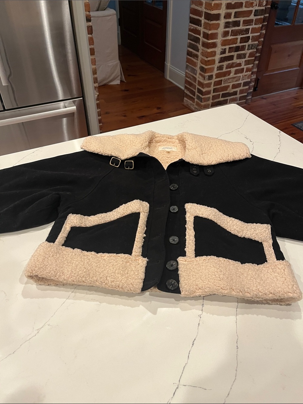 THE GREAT. Women’s Black Pea Coat with Cream Sherpa Trim